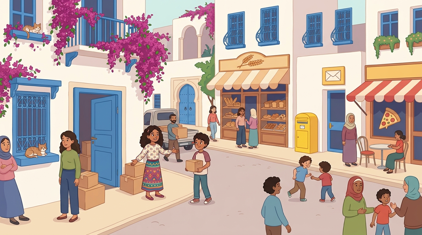 Dans une rue animée du quartier, Nora accueille Rayan, le nouveau voisin, devant la boulangerie, la poste et la pizzeria